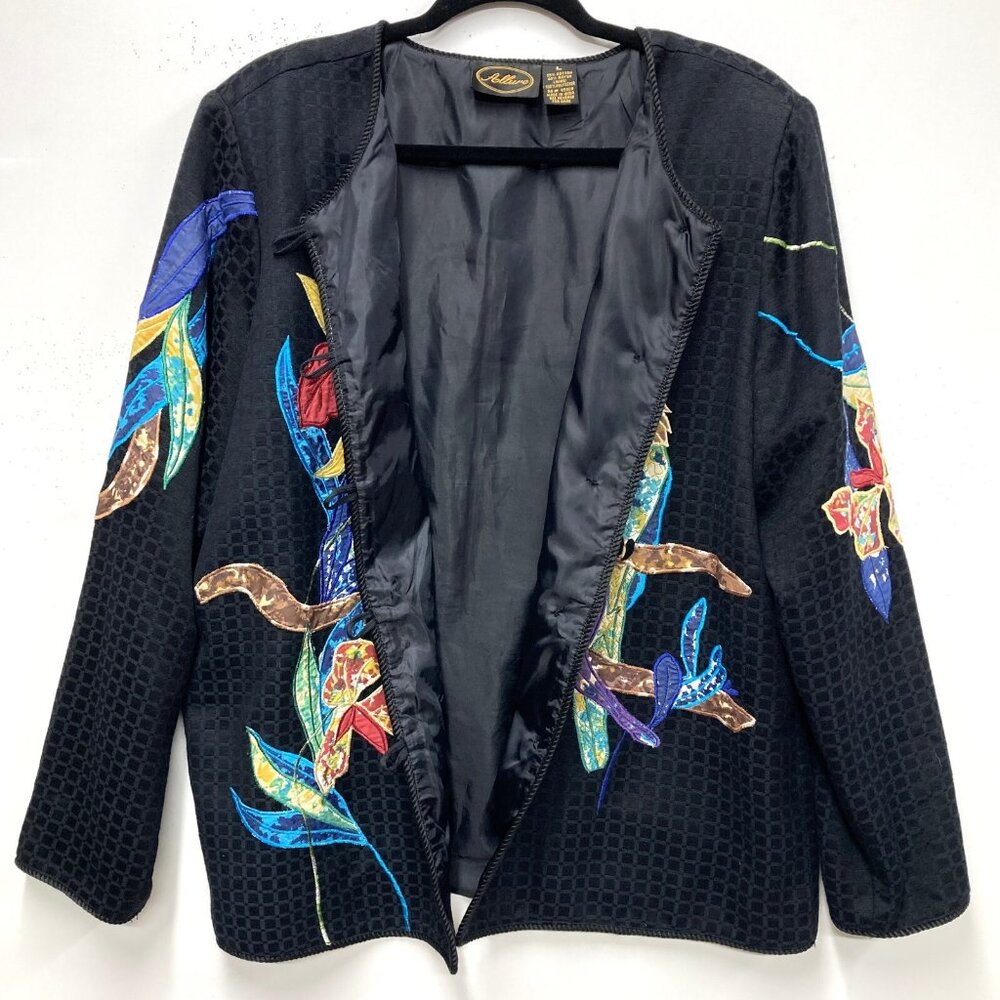 Allure Black Jacket, Size Large, Embroidered Applique‎ Tropical Birds Flowers - Picture 8 of 14